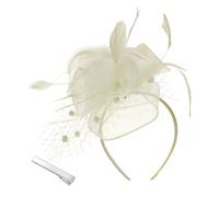 Tocado para mujer, diadema de malla con flores, plumas, fiesta de té, clips con cuentas para novia (talla única, beige)
