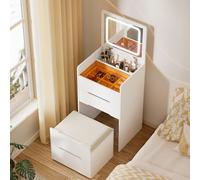 Tocador 3 en 1 con espejo abatible Toca-dor con Luces LED de Brillo Ajustable Escritorio de tocador con escritorio de vidrio visible, Compacto con 3 cajones,Taburete acolchado Tocado para dormitorio