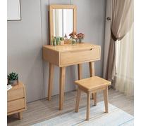 Tocador compacto y elegante con espejo tapizado con taburete y cajón para dormitorio, acabado de madera original, 60 x 40 x 75 cm, elegante tocador para niñas/mujeres