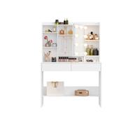 VASAGLE KAILYN Colección - Tocador con 9 Luces LED, 3 Tonos y Brillo Ajustable, Mesa de Maquillaje con Espejo, Estantes Ajustables, 2 Cajones, Blanco Nube RDT126W01