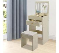 Tocador con espejo, 40 × 37,5 × 72 cm, mesa cosmética con cajones y taburete, pequeño juego de tocador para maquillaje, mesa de maquillaje para dormitorio, hasta 90 kg (madera de roble blanco)