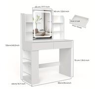 Tocador con espejo de iluminación LED, de luz, ajustable, mesa de maquillaje con 2 cajones y 4 estantes de almacenamiento, 90 x 40 x 135 cm, moderno