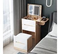Tocador con espejo de luz LED, mesa de cosméticos con espejo abatible y toma de corriente, 2 cajones y 2 organizaciones, escritorio moderno de maquillaje con taburete de almacenamiento, para