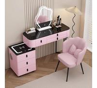 Tocador con Espejo Iluminado, 3 Modos y Altavoz Bluetooth, Mesa de tocador con Tapa de Cristal, Carga inalámbrica, Puertos USB, Taburete de Almacenamiento para Mujer.