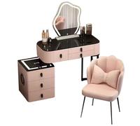 Tocador con Espejo Iluminado y Almacenamiento Desmontable, tocador de Maquillaje con Tapa de Cristal, Altavoz Bluetooth, Puertos USB, Taburete para Mujer