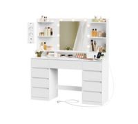 VASAGLE Kailyn Colección - Tocador con Espejo LED, Regleta, 9 Cajones, 9 Bombillas Regulables, Iluminación de 3 Colores, Montaje sin Herramientas, Blanco Nube RDT141WB02