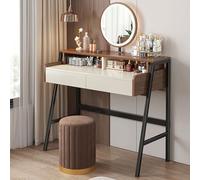 Tocador con espejo LED y taburete, moderno tocador de maquillaje con 2 cajones para dormitorio, 3 luces de color, 80 x 40 x 126 cm