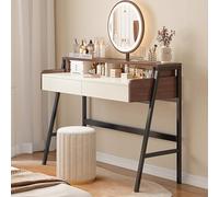 Tocador con espejo LED y taburete, moderno tocador de maquillaje con 2 cajones para dormitorio, 3 luces de color, 80 x 40 x 126 cm