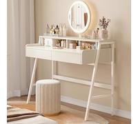 Tocador con espejo LED y taburete, moderno tocador de maquillaje con 2 cajones para dormitorio, 3 luces de color, 80 x 40 x 126 cm