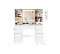 VASAGLE Kailyn Colección - Tocador con Espejo LED, Regleta, 9 Cajones, Lupa de 10x, Iluminación de 3 Colores, Montaje sin Herramientas, Blanco Nube RDT137W01