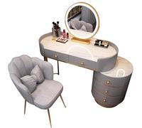 Tocador con espejo y luces, tocador con 5 cajones, 3 modos de iluminación de color, brillo ajustable, tocador de dormitorio con patas de cuero y metal envueltas