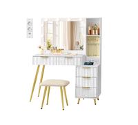 VASAGLE Tocador con Espejo y Taburete, Mesa de Maquillaje con Cajones, Lupa de 10x, Iluminación LED, Bandeja para Joyas, Enchufe Múltiple, 40 x 110 x 135 cm, Blanco Nube RVT020WB01