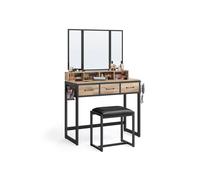 VASAGLE Tocador con Taburete Acolchado, tocador con Espejo Triple, 3 cajones, Soporte para secador de Pelo, Estilo cosmético, Industrial, marrón Roble/Negro RVT004B50