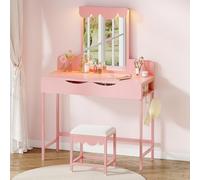 Tocador con iluminación,Cajones de Tela Tocador con cajones de Espejo Brillo Ajustable,Tocadores con Puertas, Mesa de Maquillaje con Estante para Joyas, estantes Ajustables, Color Madera