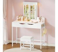 Tocador con iluminación,Cajones de Tela Tocador con cajones de Espejo Brillo Ajustable,Tocadores con Puertas, Mesa de Maquillaje con Estante para Joyas, estantes Ajustables, Color Madera