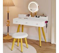 YITAHOME Tocador con espejo LED y taburete, 3 cajones y bandeja de maquillaje, aire acondicionado integrado y puertos USB, acabado brillante, patas acampanadas modernas, 100 × 40 × 85 cm, color blanco
