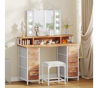 Tocador con iluminación,Cajones de Tela Tocador con cajones de Espejo Brillo Ajustable,Tocadores con Puertas, Mesa de Maquillaje con Estante para Joyas, estantes Ajustables, Color Madera