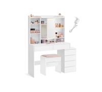 VASAGLE Tocador con Luces LED de Brillo Ajustable, Mesa de Maquillaje con Espejo, Compartimentos Abiertos, Taburete, Estantes Ajustable, Estación de Maquillaje, Moderno, Blanco Nube RDT125W01