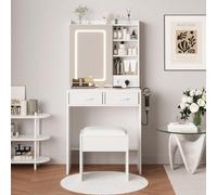 Tocador con iluminación LED, Brillo Ajustable, 3 Modos de luz | Espacio de almacenamiento integrado, taburete acolchado, diseño de ahorro de espacio para dormitorio, color negro o blanco