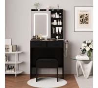 Tocador con iluminación LED, Brillo Ajustable, 3 Modos de luz | Espacio de almacenamiento integrado, taburete acolchado, diseño de ahorro de espacio para dormitorio, color negro o blanco