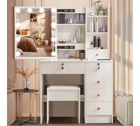 Tocador con iluminación LED, Tocador Maquillaje Niña, Espejo para Maquillaje, 3 Colores con Brillo Ajustable, 6 Cajones, Mesa Cosmética Dormitorio con Estantes Ajustables, Moderno (131 x 80 x 36 cm)