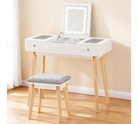 Tocador con iluminación LED y espejo, 3 colores, tocador con 2 cajones y 4 compartimentos, mesa cosmética con taburete, enchufe integrado, mesa de maquillaje 90 x 40 cm, diseño moderno, color blanco