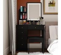 Tocador con iluminación y 5 cajones, Tocador Maquillaje Niña, Mesa de Cosméticos con Espejo y Estantes Abiertos, Mueble Tocador de Esquina con Taburete, Tocador Negro Dormitorio 80 x 40 x 140 cm