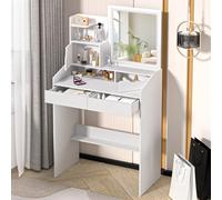 Tocador con luces LED, mesa de tocador pequeña, mesa de maquillaje moderna con espejo iluminado LED y 2 cajones, escritorio de maquillaje con estantes abiertos, brillo ajustable para dormitorios,
