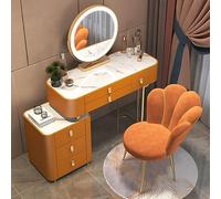 Tocador con parte superior de pizarra, 6 cajones, armario lateral, espejo en forma de flor, espejo de maquillaje inteligente, escritorio de madera maciza para niñas, color naranja, 31.5 pulgadas