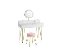 VASAGLE Tocador con Taburete e Iluminación, Regleta de Enchufes, Espejo Giratorio, Tocador, 40 x 100 x 134,8 cm, Tocador con Cajones, Taburete Tapizado, Blanco Mate y Dorado Pálido RVT619W01