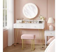 Tocador con Taburete e Iluminación, tocador de Maquillaje, Tocadors con Cajones, Taburete tapizado Rosa, 40 x 90 x 140 cm, Dormitorio, Moderno, Mate y Dorado