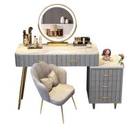 Tocador con Taburete, fácil de Montar, Escritorio con mesita de Noche Ajustable y 5 cajones, Espejo con atenuación y Pantalla táctil de 3 Colores, 100 cm, Gris