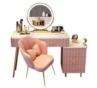 Tocador con Taburete, fácil de Montar, Escritorio con mesita de Noche Ajustable y 5 cajones, Espejo con atenuación y Pantalla táctil de 3 Colores, 100 cm, Color Rosa.