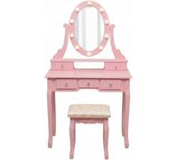 Tocador Contemporáneo Con Espejo Ovalado y Luces LED, Con Taburete, Rosa | Cinco Cajones Espaciosos, Iluminación De 3 Colores, 75*40*140cm, Ideal Para Dormitorio De Mujeres