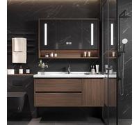 Tocador de baño con fregadero, tocador flotante de cerámica con espejo y luces LED, armario de almacenamiento montado en la pared de madera maciza con grifo extraíble