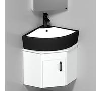 Tocador de baño de esquina con fregadero para espacios pequeños, juego de tocador de baño de montaje en pared con lavabo de cerámica, grifo cromado y drenaje desplegable en forma de U (color: blanco