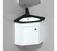 Tocador de baño de esquina con fregadero para espacios pequeños, juego de tocador de baño de montaje en pared con lavabo de cerámica, grifo cromado y drenaje desplegable en forma de U (color: blanco