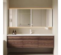 Tocador de baño de madera maciza con espejo LED antivaho, opciones de fregadero individual o doble, juego de baño moderno