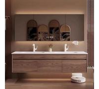 Tocador de baño de madera maciza con espejo LED antivaho, opciones de fregadero individual o doble, juego de baño moderno