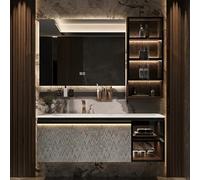 Tocador de baño de madera maciza con fregadero integrado y espejo antivaho inteligente LED