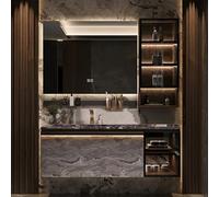 Tocador de baño de madera maciza con fregadero integrado y espejo antivaho inteligente LED