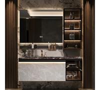 Tocador de baño de madera maciza con fregadero integrado y espejo antivaho inteligente LED