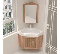 Tocador de baño esquinero con fregadero de cerámica y espejo, armario de almacenamiento flotante con grifo y drenaje, muebles de baño que ahorran espacio para baños pequeños