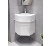 Tocador de baño esquinero con fregadero, juego de armario de montaje en pared con lavabo de cerámica, grifo cromado y drenaje en forma de U para espacio pequeño