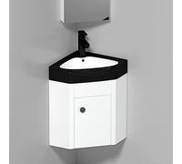 Tocador de baño esquinero con fregadero, juego de armario de montaje en pared con lavabo de cerámica, grifo cromado y drenaje en forma de U para espacio pequeño