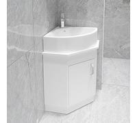 Tocador de baño esquinero con fregadero, juego de armario de montaje en pared con lavabo de cerámica, grifo cromado y drenaje en forma de U para espacio pequeño