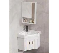 Tocador de baño esquinero montado en la pared con fregadero de cerámica y armario de espejo, diseño de ahorro de espacio, lavabo blanco de lavado de manos para baños pequeños