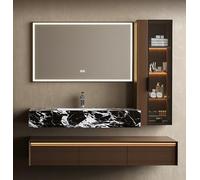 Tocador de baño flotante con fregadero individual, incluye armario LED inteligente con espejo antiniebla y armario lateral de cristal, madera maciza con encimera de mármol