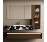 Tocador de baño flotante con fregadero individual, incluye armario LED inteligente con espejo antiniebla y armario lateral de cristal, madera maciza con encimera de mármol