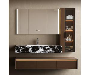 Tocador de baño flotante con fregadero individual, incluye armario LED inteligente con espejo antiniebla y armario lateral de cristal, madera maciza con encimera de mármol